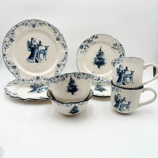 Christmas Holiday Dinner Tableware Set Santa Tree Blue White Porcelain