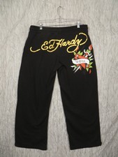 Y2K Ed Hardy Sweatpants Womens Large Black Joggers Graphic Logo Lounge Casual