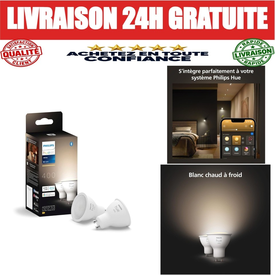 Philips Hue Spots LED GU10 connectées, pack de 2, blanc et couleurs