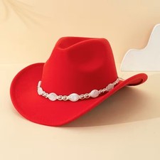 Red Western Cowboy Cowgirl Hat Pearl Beaded Hatband Rodeo Ranch Festival