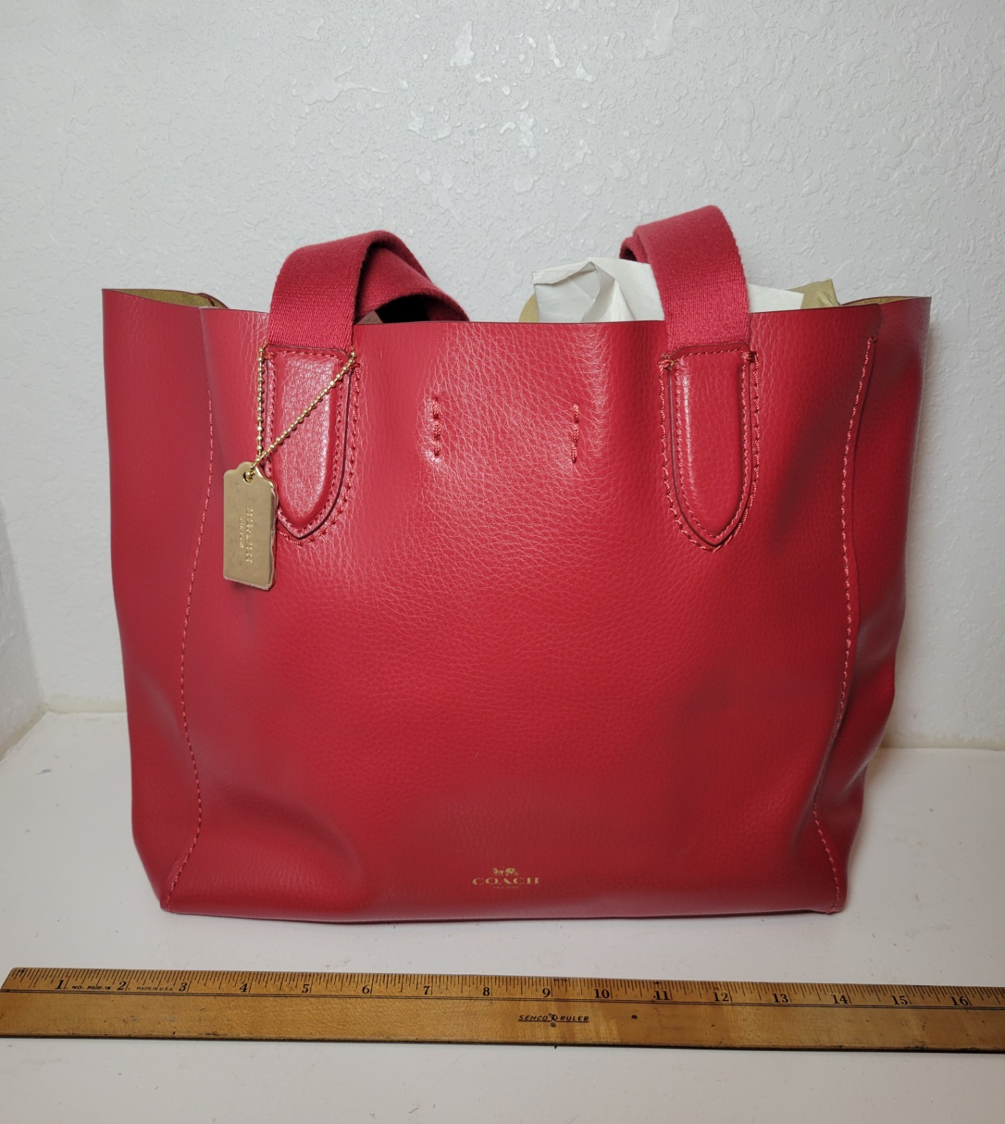 Coach Red Pebbled Derby Tote Shoulder Bag Gold Logo Magnetic Close Lined Pockets