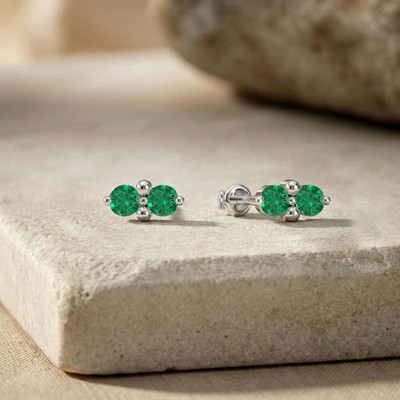 Lab Created Green Emerald Stud Earrings 925 Sterling Silver Earrings For Him