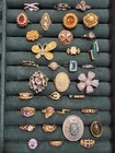 Vintage Lot Of 34 Costume Jewelry Ring Lot Gold Silver Tone Rhinestone Cocktail