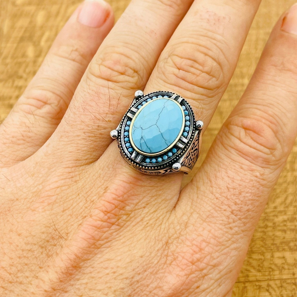 SILVER925 TURQUOISE UNIQUE RING/シルバー/リング Blue Turquoise Ring, Silver 925, Small Round Flat Stone
