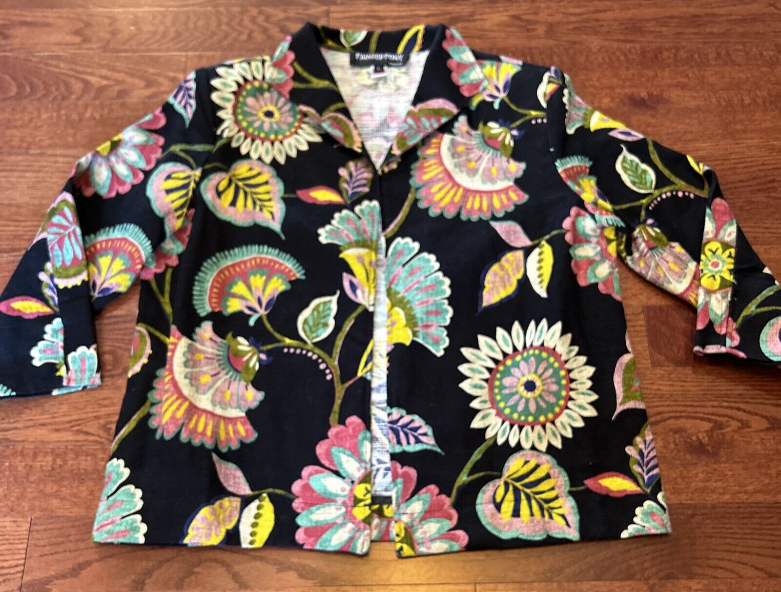 Giacca floreale dipinta pony aperta davanti colori vivaci donna taglia large made USA