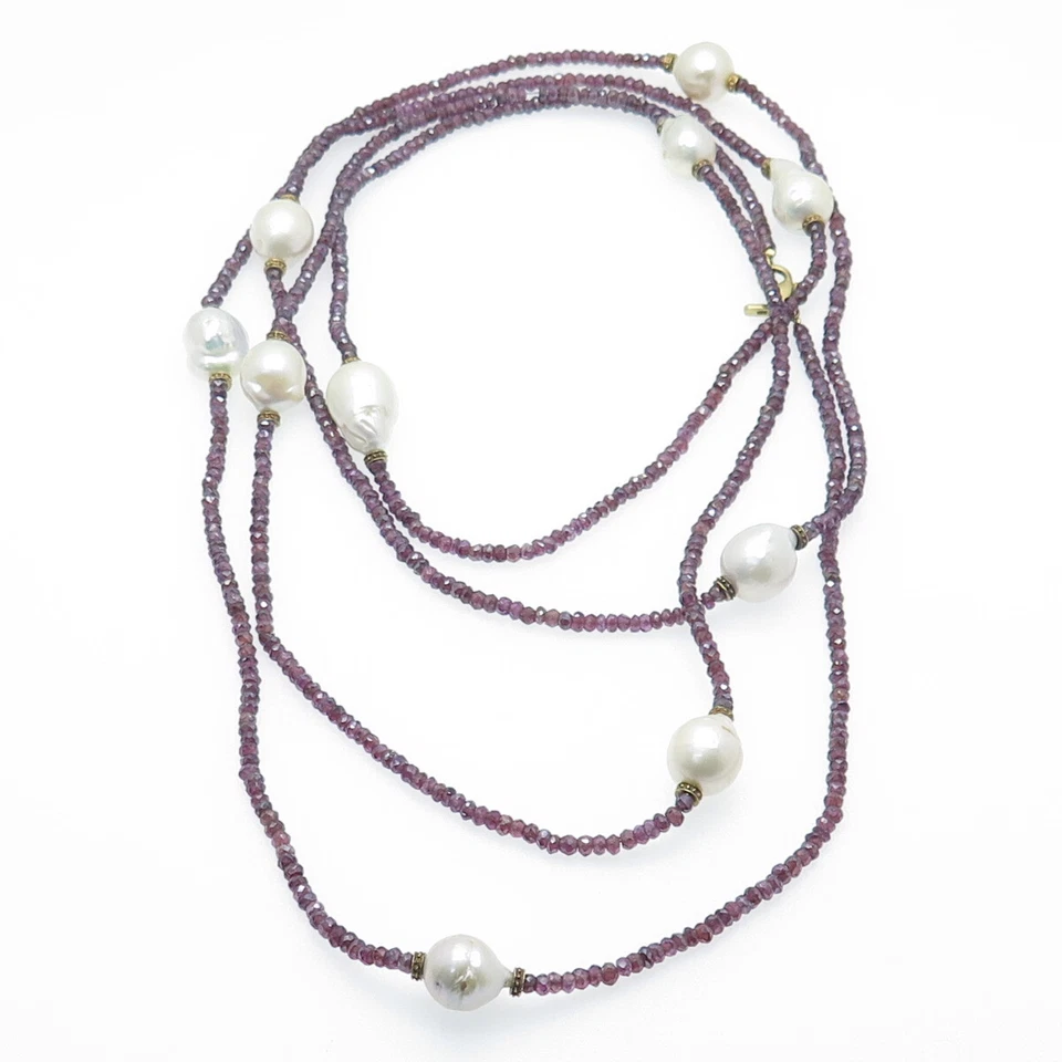 925 Sterling Silver Real Baroque Pearl & Amethyst Long Bead Chain Necklace 72" - Image 3 of 4