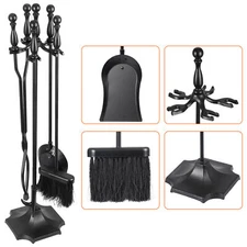 5PCS Fireplace Tools Set Wrought Iron Fire Place Tools Holder w/ Handles Tools