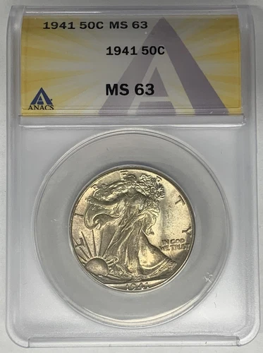 1941 Walking Liberty Half Dollar 50c Coin Lightly Toned ANACS MS 63 A