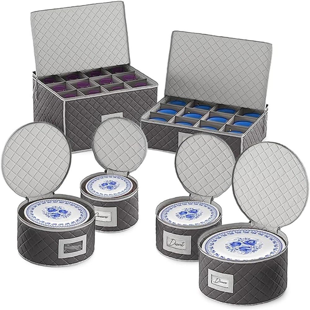 Woffit China Storage Containers 6 Pack, Quilted Dinnerware & Stemware