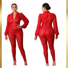  NEW Red Sequins  Mesh Jumpsuit S,M,L