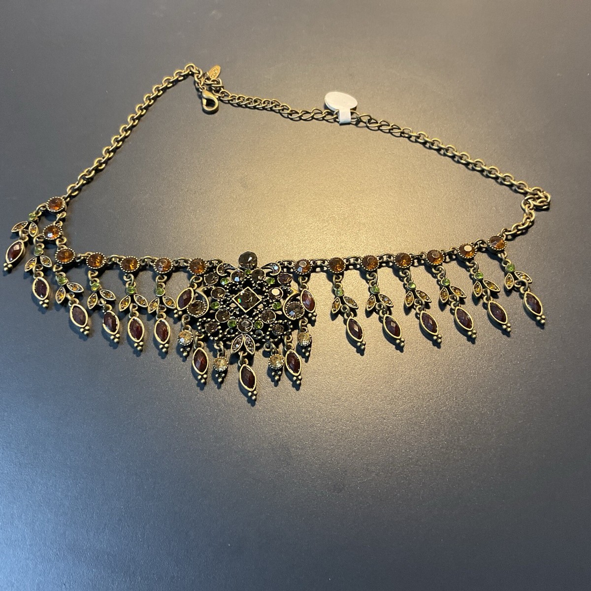 VCLM Victorian Style Yellow Amber Brown Rhinestone 18” Necklace