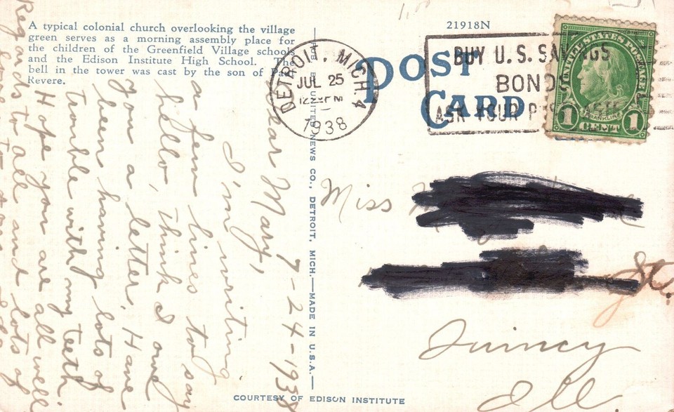 Vintage Postcard 1938 Chapel MarthaMary Greenfield Village Dearborn