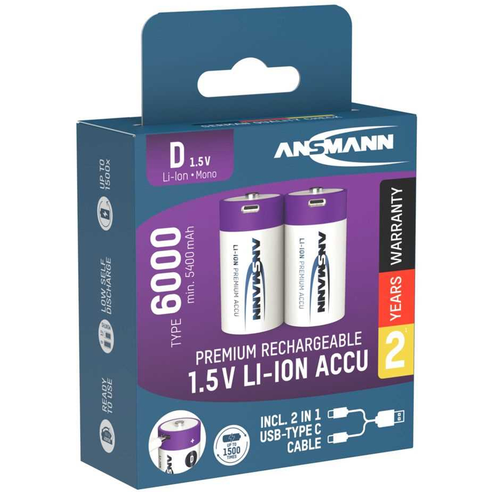 Ansmann Li-ion Akku Mono D 1,5v 6000mah, 1314-0005, 2er Blister
