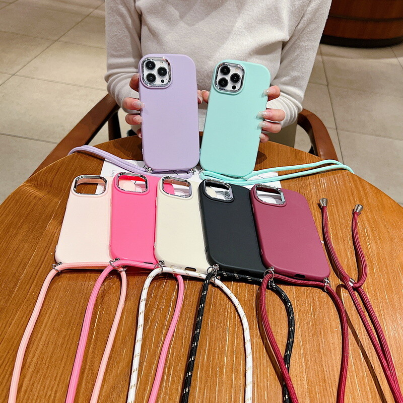 For iPhone 15 14 13 12 Pro Max 11 Plating Shockproof Lanyard Silicone Case Cover