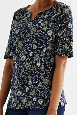 Croft & Barrow Split Neck Tee Shirt Top Sz XL - Navy Floral Blooms  - New