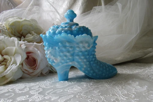 Vintage Fenton Glass Co,Blue & White Slag,Lidded shoe,Hobnail,Provincial,Marble