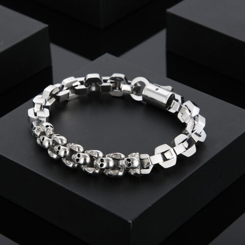 Silver Casting Stainless Steel Solid Link Chain Bracelet Skull Bangle 10mm 9'' - Picture 1 of 6