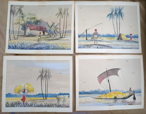 Polynesian, Asian, Hawaiian? 4 Original Watercolors Signed Primrose 1950's/60s