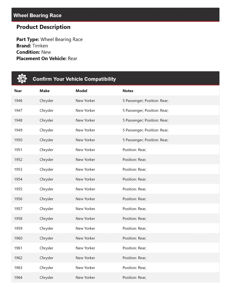 For 1946-1964 Chrysler New Yorker Wheel Bearing Race Rear Timken 1947 1948 1949 - Image 2 of 4