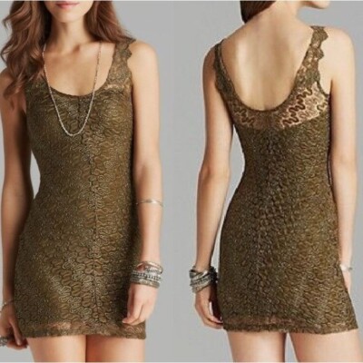 Free People Foiled Again Lace Bodycon Dress Olive Green Metallic Size Small  | eBay
