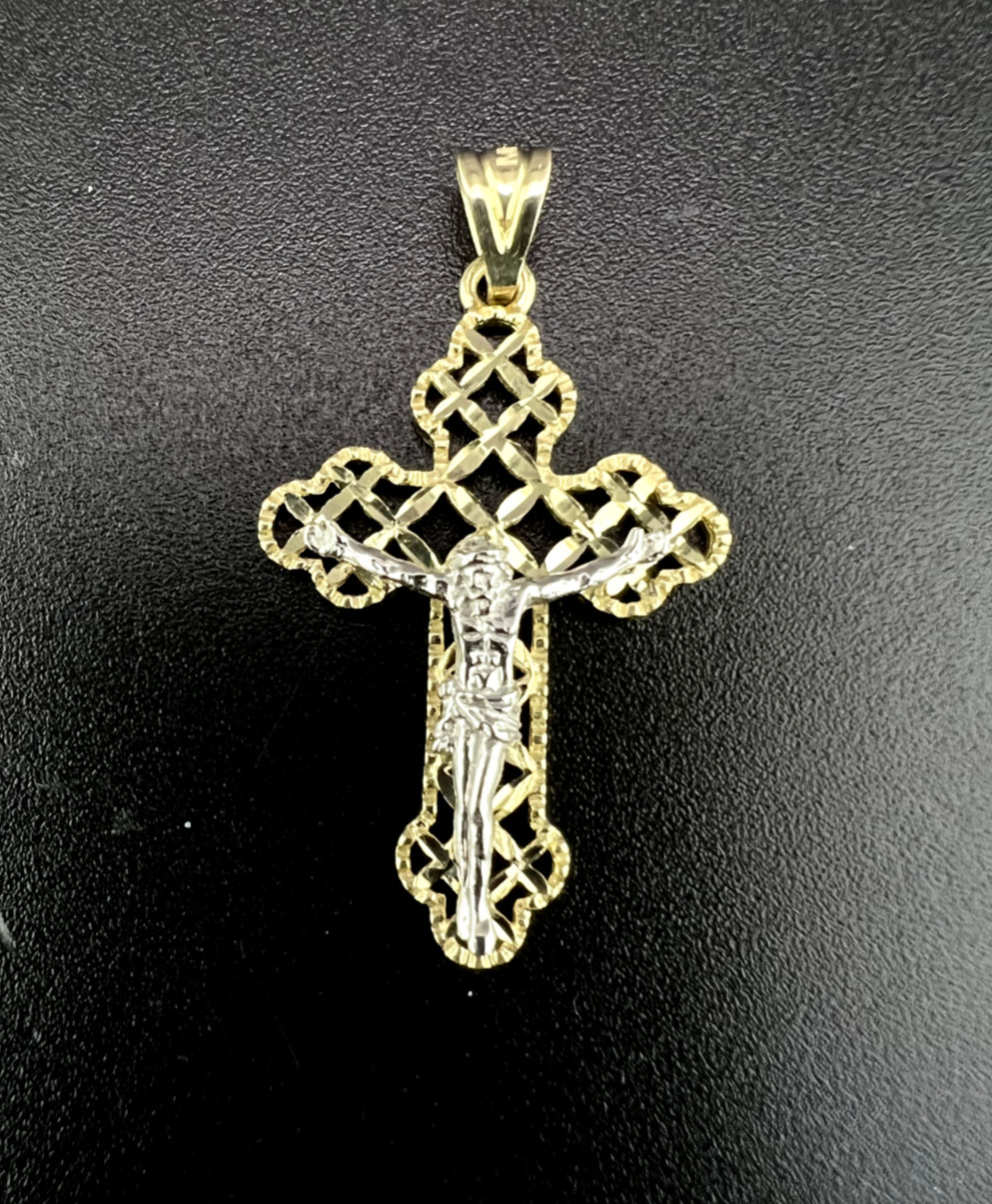 14K Two Tone Yellow and White Gold Filigree Eastern Orthodox Crucifix Pendant