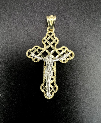 14K bicolor Gelb- und Weißgold filigran östlich orthodox Kruzifix Anhänger