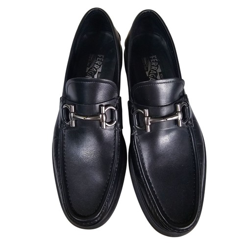 Salvatore Ferragamo Mens Black Leather Loafers 10.5D Silver Gancini Horse Bit
