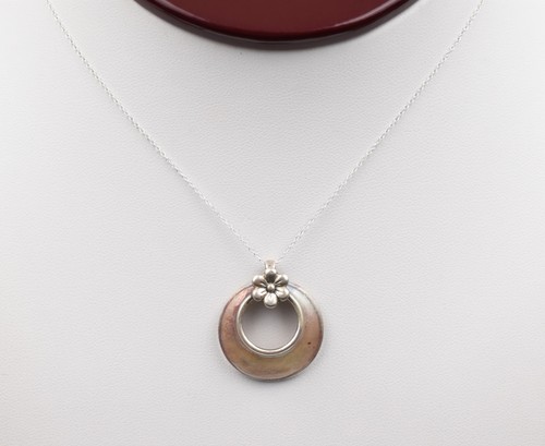 Sterling Silver 18" Open Circle Necklace with Light Enamel & Flower Pendant - Picture 1 of 12