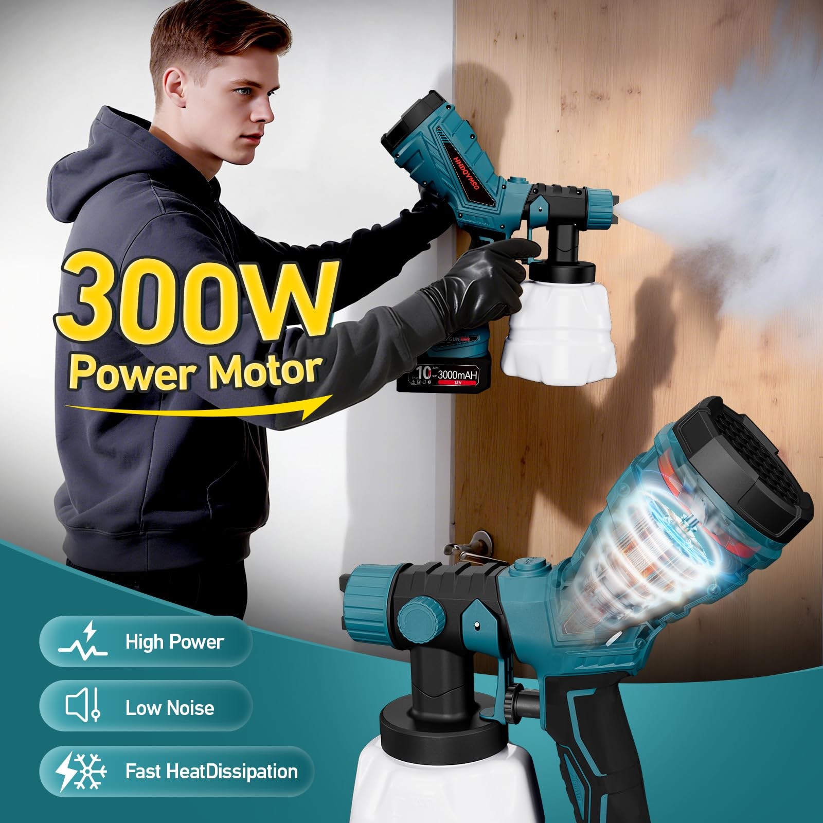 Cordless Paint Sprayer, Battery Power Sprayer with 3000mAh, 4 Nozzles and 3 P...