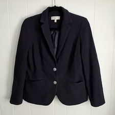 Talbots Navy Blue Cotton Knit Blazer Sz 4 Pockets Nautical Anchor Buttons Lined