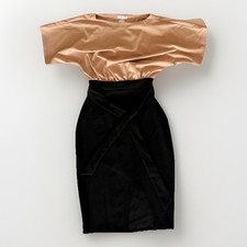 Venus Beige and Black Dress Women’s Sz XS Midi Slit Tie Waist Formal Date Night