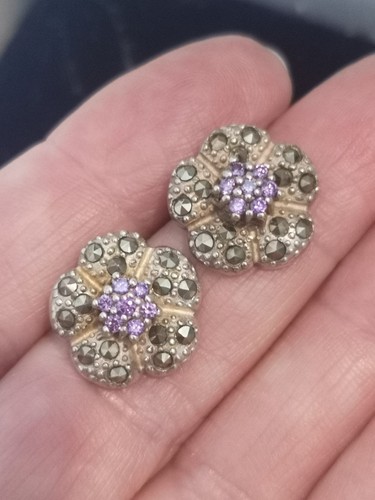 Graziosi orecchini a perno in argento sterling 925 ametista e fiore marcasite - Foto 5 di 5