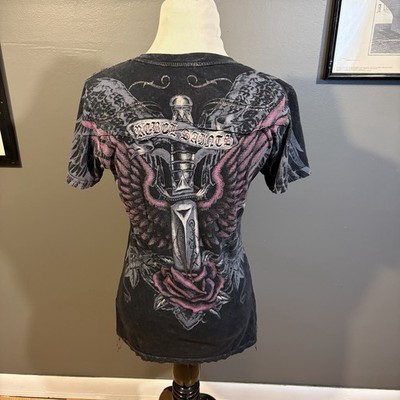 Womens Y2k Black Pink Grunge Gothic Cross Graphic V Neck Shirt Medium