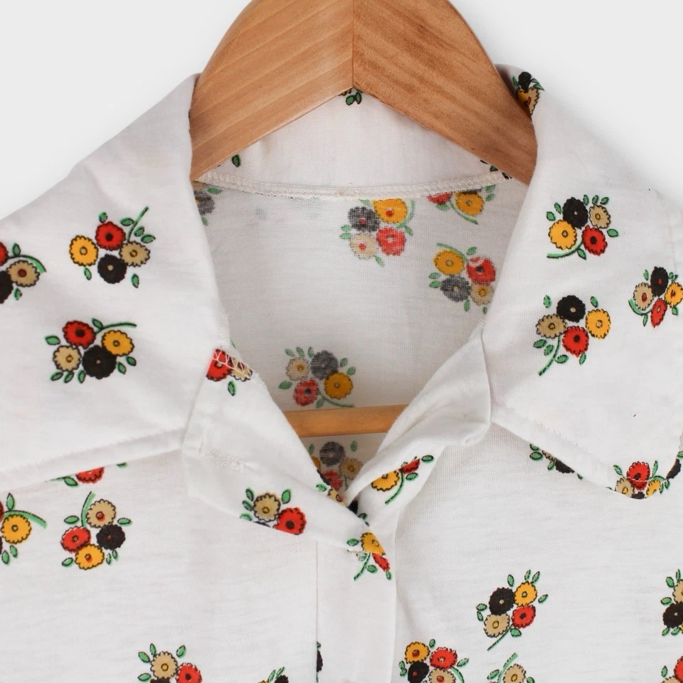 Blusa vintage años 70 floral manga abullonada para mujer S blanca estampado de flores cuello discoteca Foto 3 de 4