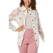 Kathy Ireland Jacket Shirt Womens Sz S Floral Eyelet Button Front Embroidered