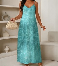 Blue Textured V-Neck Spaghetti Strap Maxi Dress Sleeveless Pullover Size L