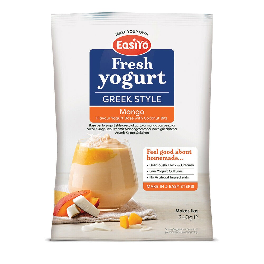 EasiYo Mango with Coconut Bits Greek Style Yogurt Mix 240g Sachet Makes 1Kg