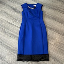 Calvin Klein Dress Womens 6 Blue Sheath Chain Neck Lace Hem Party Cocktail