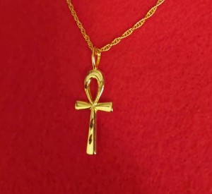 Authentic 14KT GOLD PLATED SMOOTH ANKH CHARM PENDANT WITH 18" ROPE CHAIN NECKLACE - 501