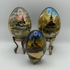 Set of 3 Hand-Painted Russian Wooden Eggs   Church Landscapes - Folk Art