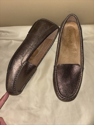Vionic 7.5 EU 38.5 Debbie Metallic Leather Loafers Driving Moccasins Orthotic