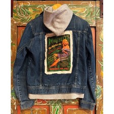 Upcycled Denim Jacket with Hood| Vintage Artwork Applique| One of a Kind|