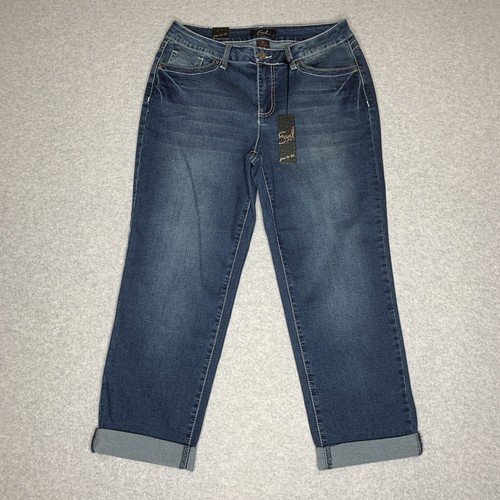 Pantalones de mezclilla Earl Jean azules talla 10 para mujer rectos elásticos lavado medio puños pierna nuevos con etiquetas - Imagen 5 de 13
