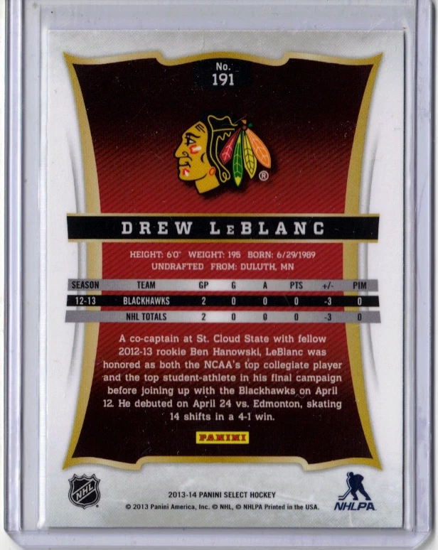 DREW LeBLANC 13/14 Panini Select #191 Rookie RC Chicago Blackhawks Hockey Card - Image 2 of 2