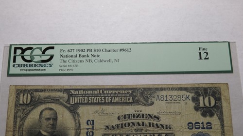 $10 1902 Caldwell New Jersey NJ National Currency Bank Note Bill #9612 FINE PCGS - Picture 3 of 4
