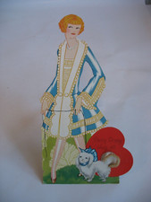 Vtg 1920s-30s Carrington Co Valentine Woman & Dog w real pipe cleaner tail 9 3/4
