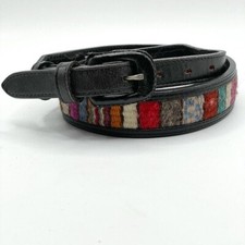 Vintage Indian Blanket Inset Black Leather Removable Buckle Waist Belt 25"-29"