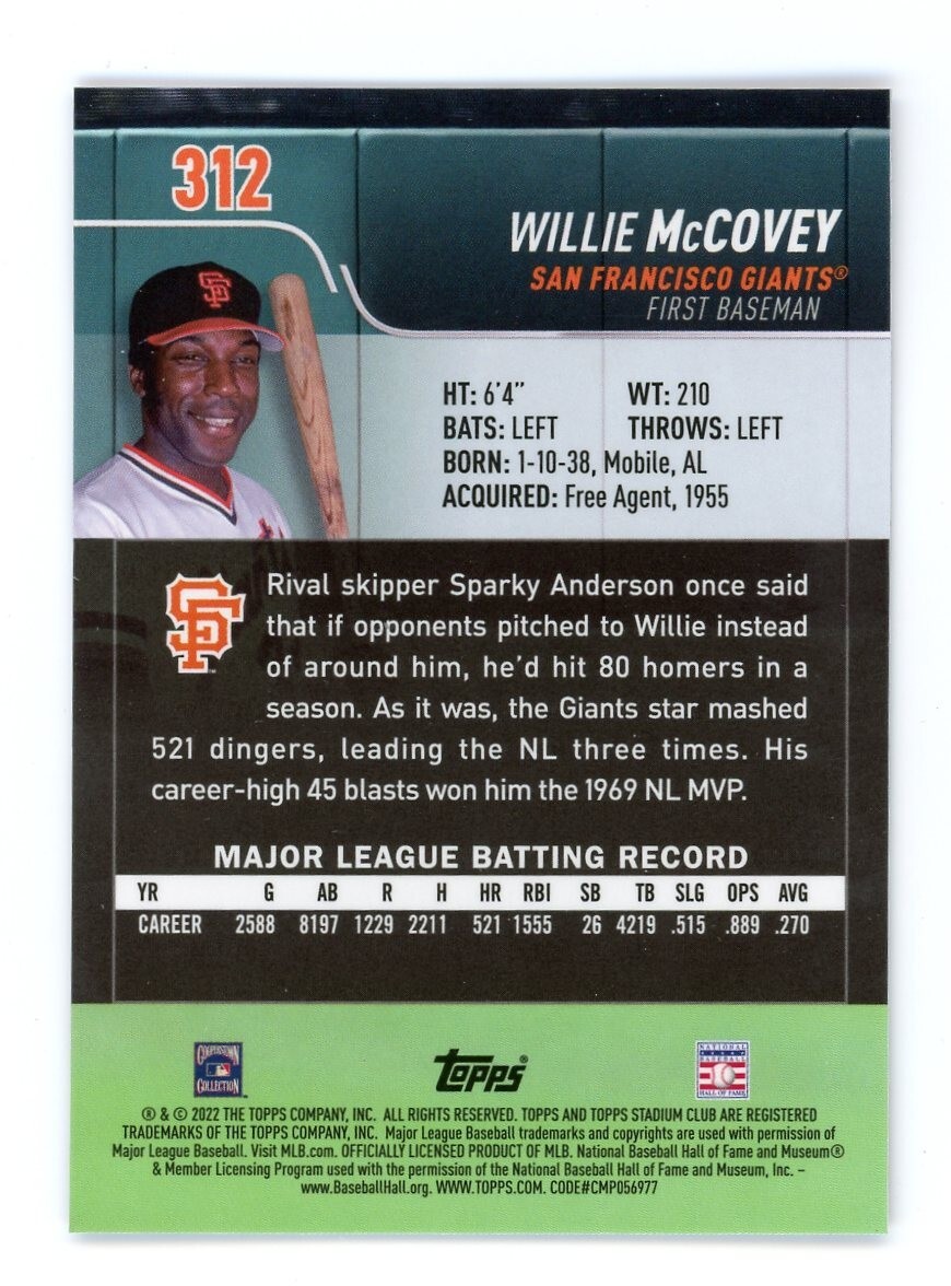 2022 Topps Stadium Club Chrome X-Fractor Willie McCovey #312 | eBay