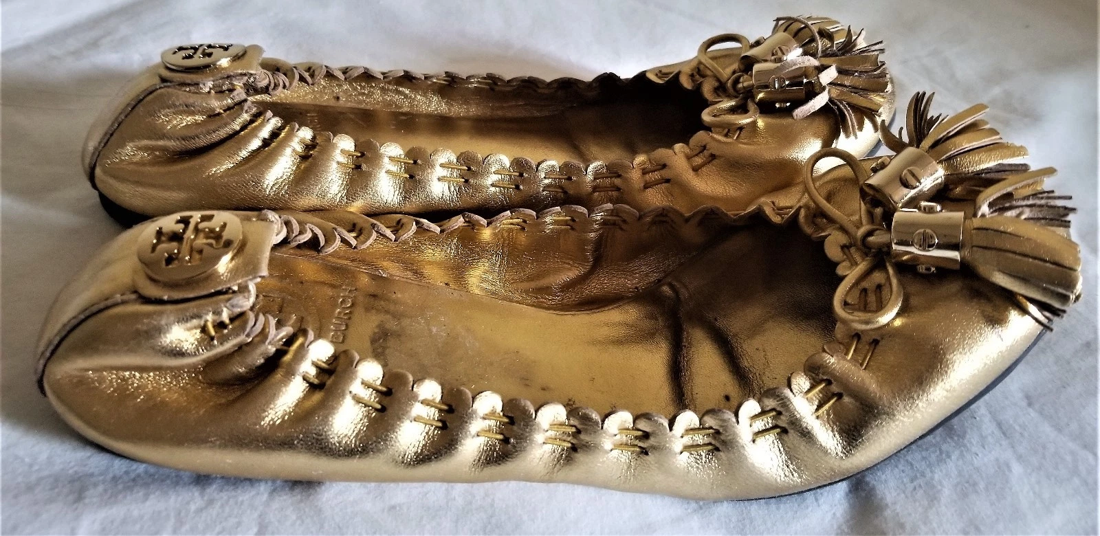 AUTENTICHE BALLERINE TORY BURCH REESE NAPPA ORO USATE TAGLIA 7 PREZZO AL DETTAGLIO $290