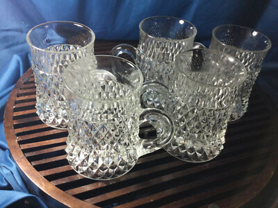 5 Indiana Glass Diamond Point Clear Beer tankard 4.5'' Tall 3.5'' Diameter   
